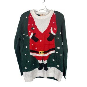 Poof New York Merry Christmas Womens Santa Sweater Large Green & Red Acrylic